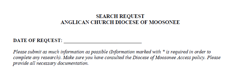 Search Request, Anglican Diocese of Moosonee