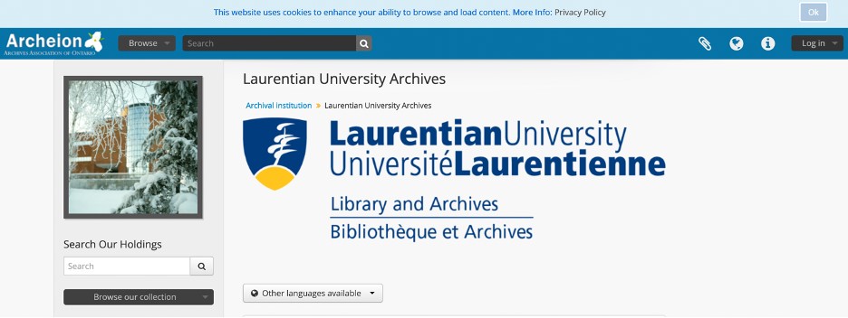 Screenshot of Laurentian University Archives landing page on Archeion