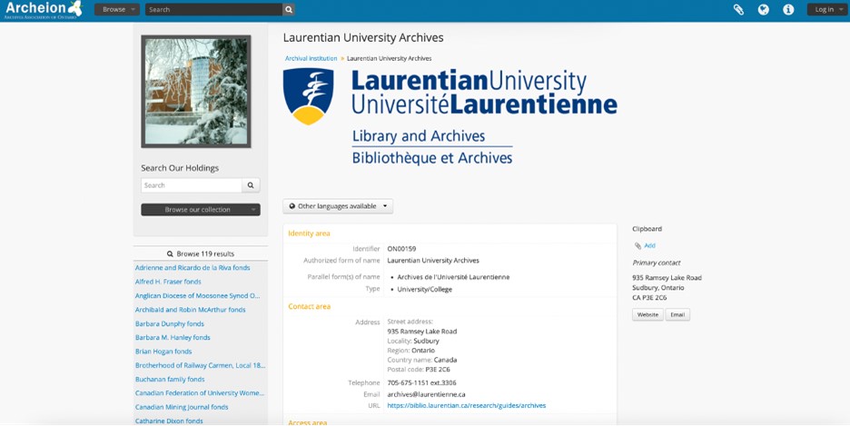 Screenshot of Laurentian University Archives landing page on Archeion