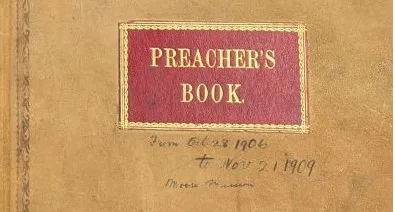 brown cover of preacher's book with red rectangle and gold lettering at center