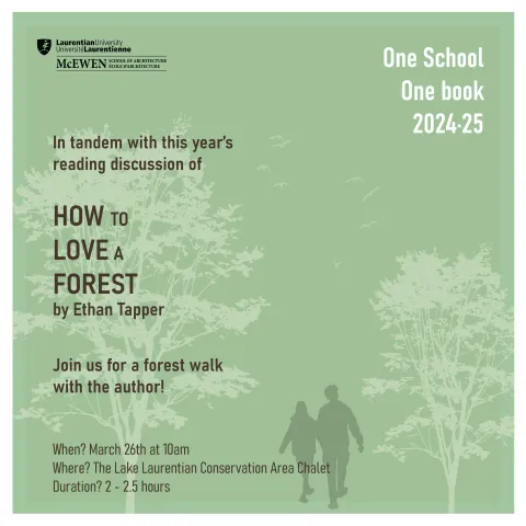 Couple walking among trees with text "In tandem with this year's reading discussion of HOW TO LOVE A FOREST by Ethan Tapper join us for a forest walk with the author!"