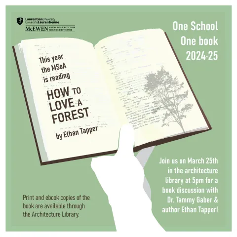 Hand holding a book with the text "This year the MSoA is reading HOW TO LOVE A FOREST" by Ethan Tapper